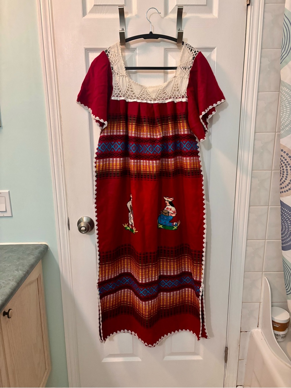 Handcrafted Red Mexican-Style Casual Dress with Crochet Yoke